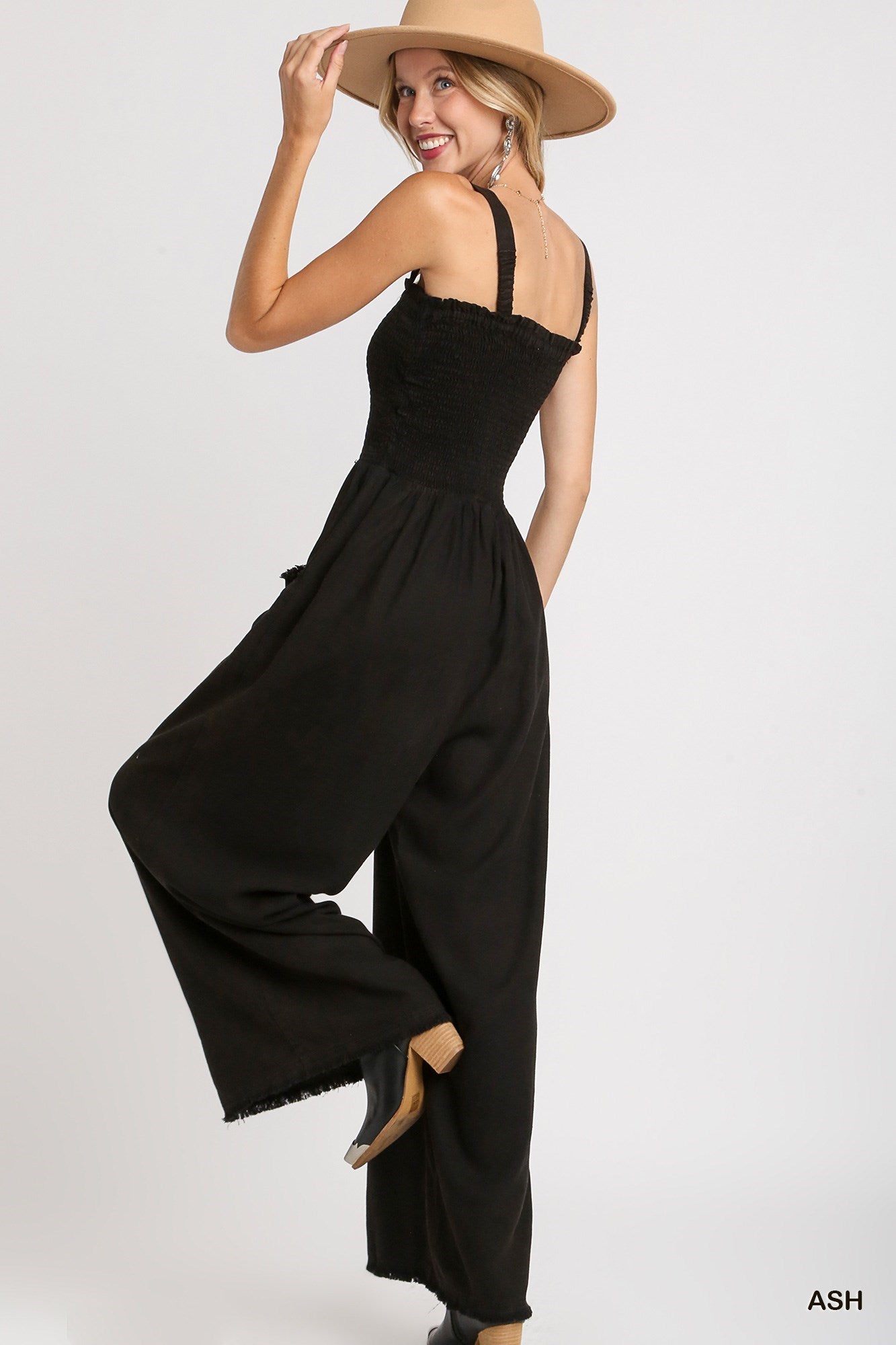 Linen Blend Frayed Hem Jumpsuit