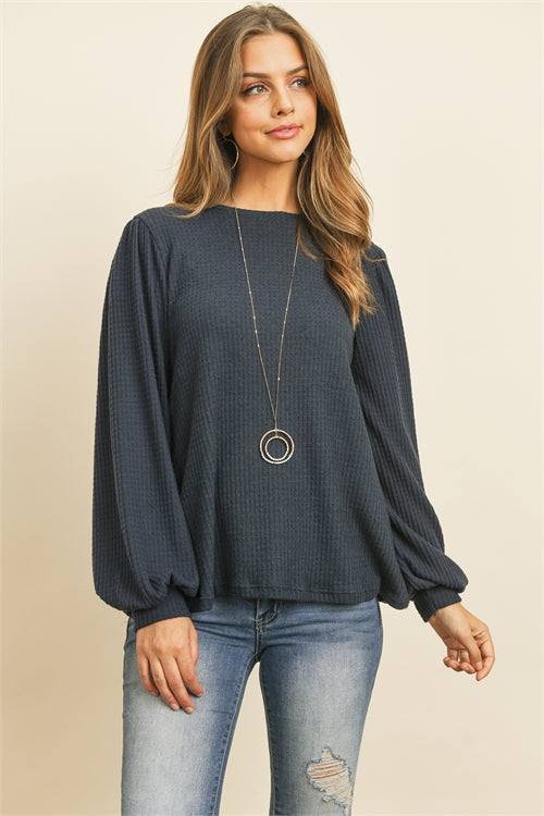 Plus Size Puff Sleeve Waffle Top