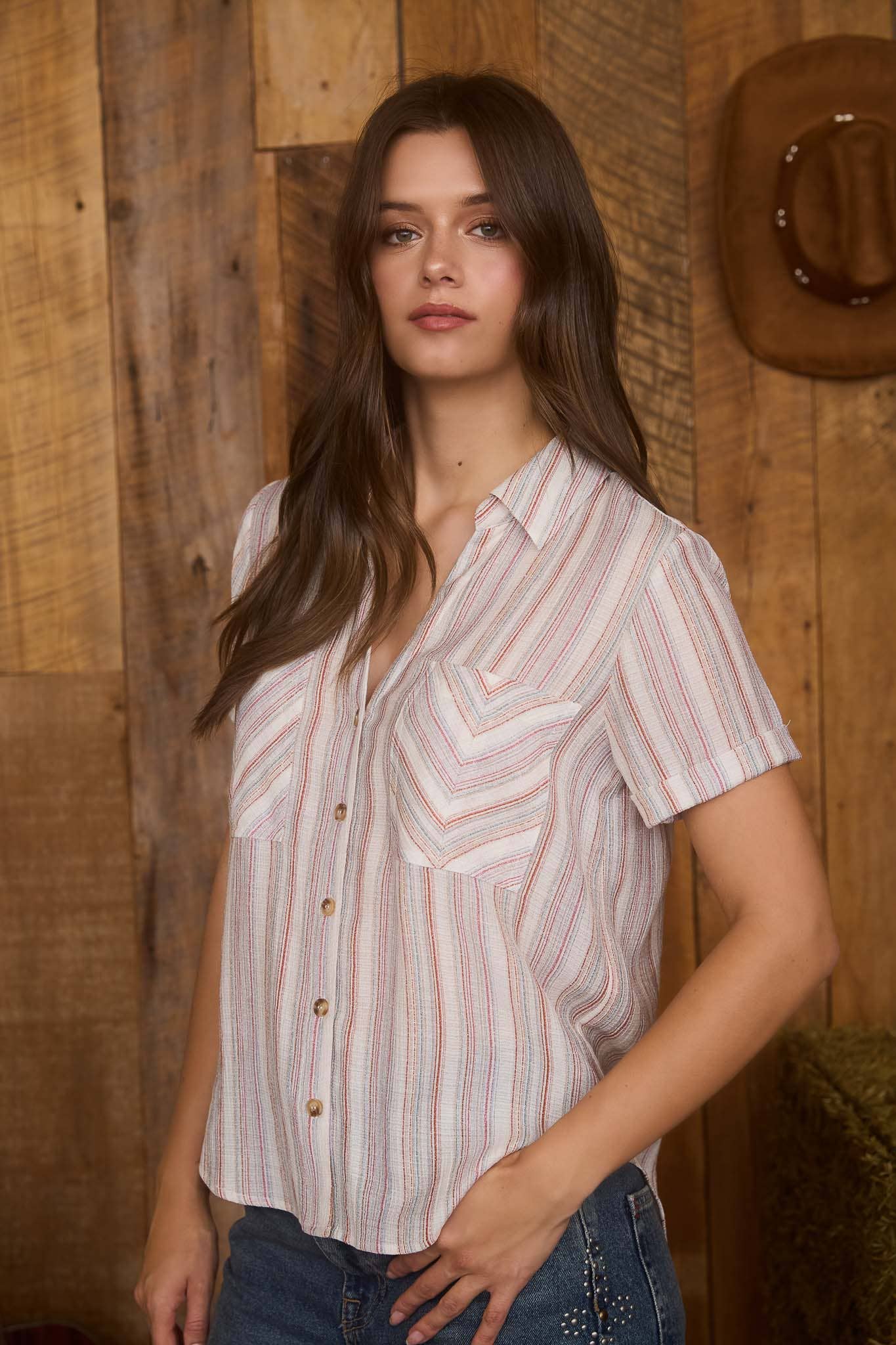 MULTICOLOR STRIPE SHORT SLEEVE BUTTON DOWN TOP