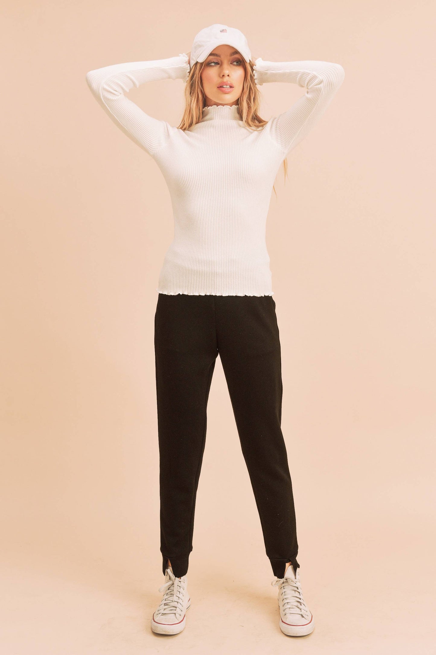 Lettuce Edge Mock Neck Ribbed Sweater