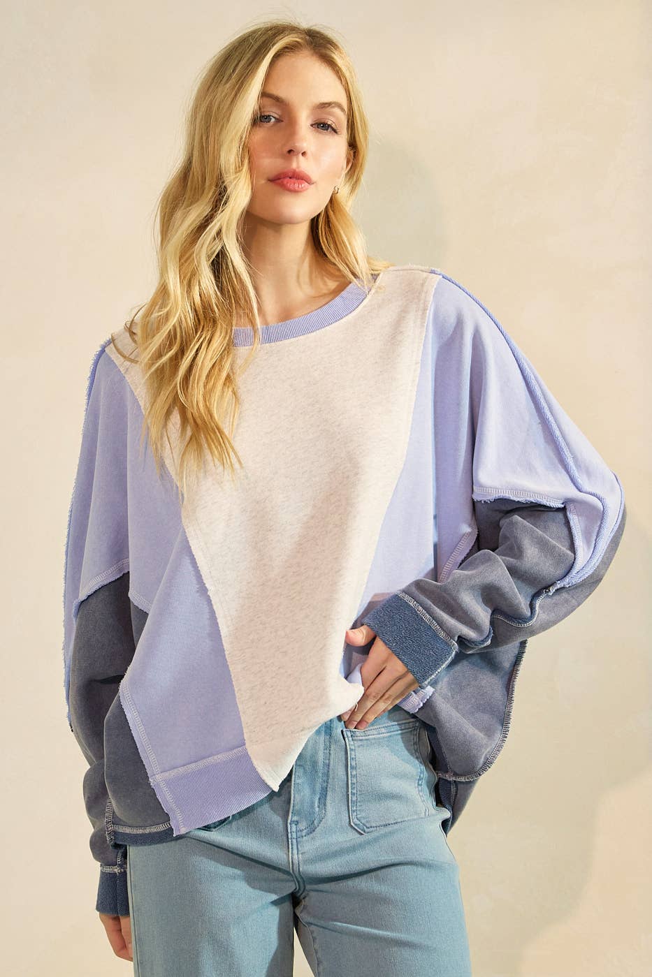 MINERAL WASH COLOR BLOCK DOLMAN SLEEVE PULLOVER