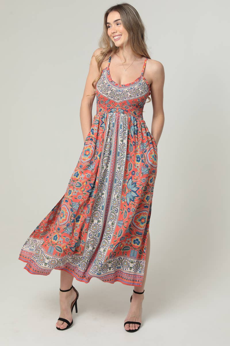 V NECK SMOCKED BODICE MAXI DRESS WITH POCKETS
