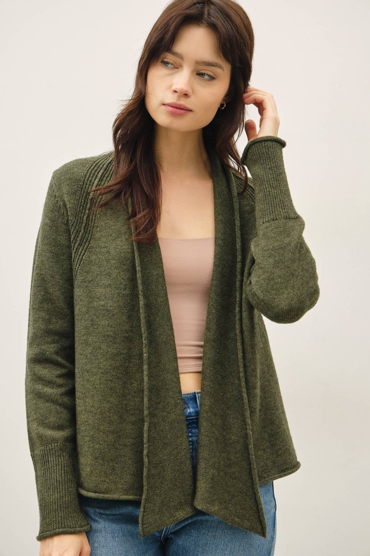 SHAWL COLLAR OPEN CARDIGAN WITH ROLLED EDGE