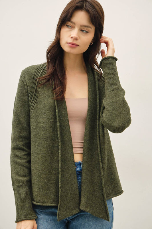 SHAWL COLLAR OPEN CARDIGAN WITH ROLLED EDGE