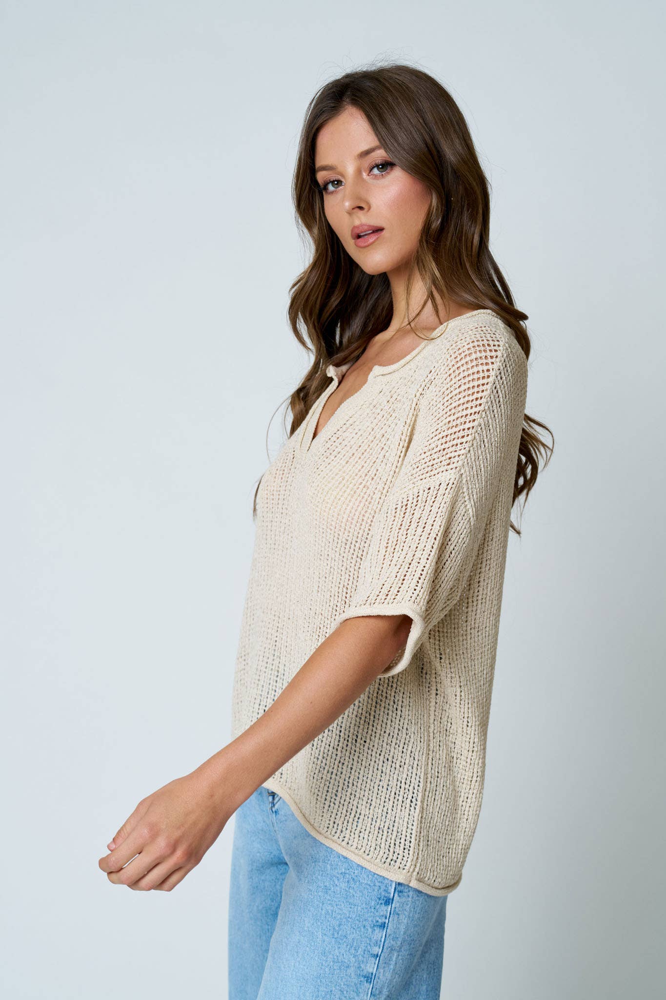 SPLIT NECK SHORT SLEEVE SHEER CROCHET KNIT TOP (PRE-ORDER)
