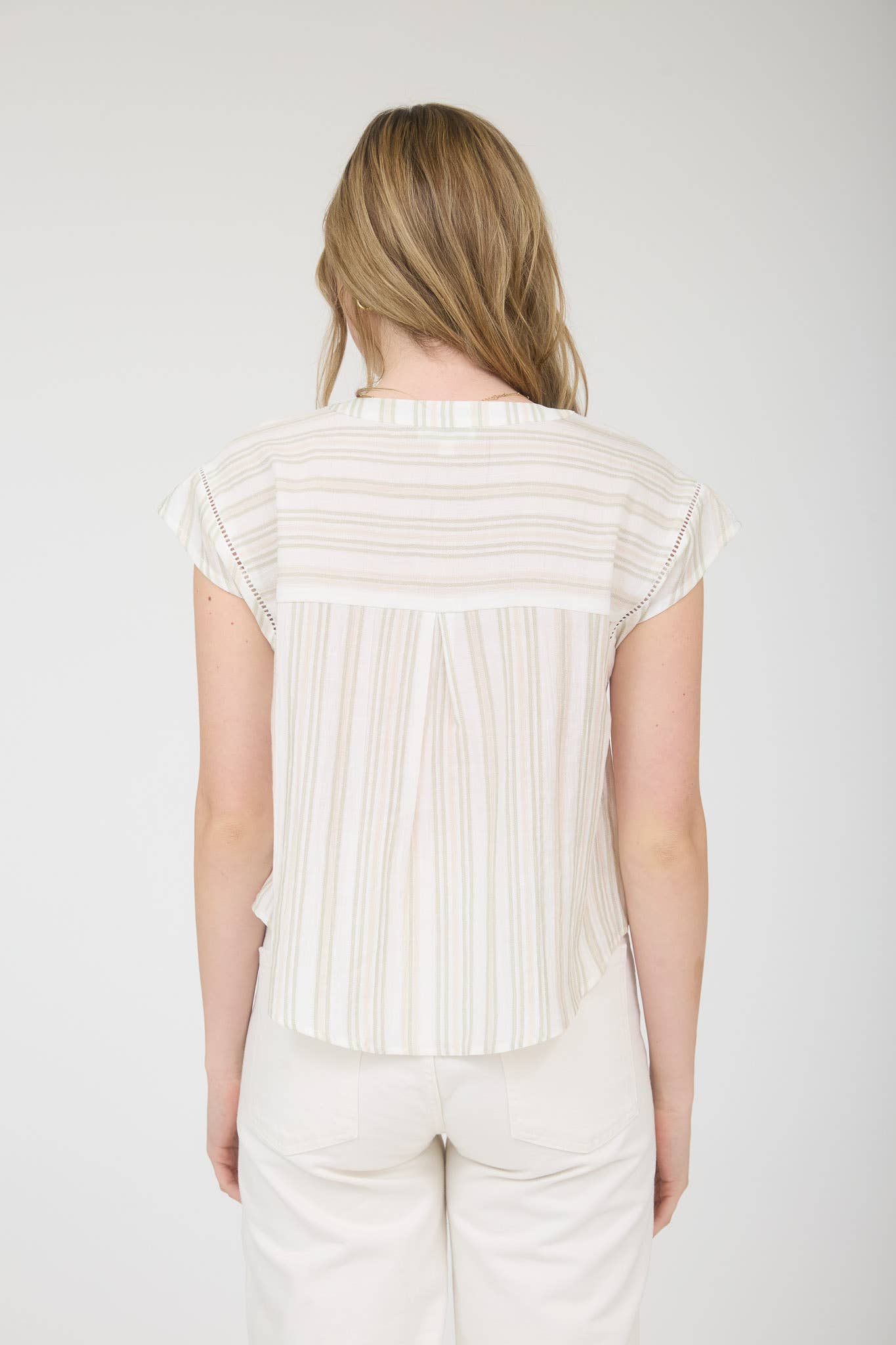 STRIPE HALF BUTTON LADDER LACE TRIM TOP