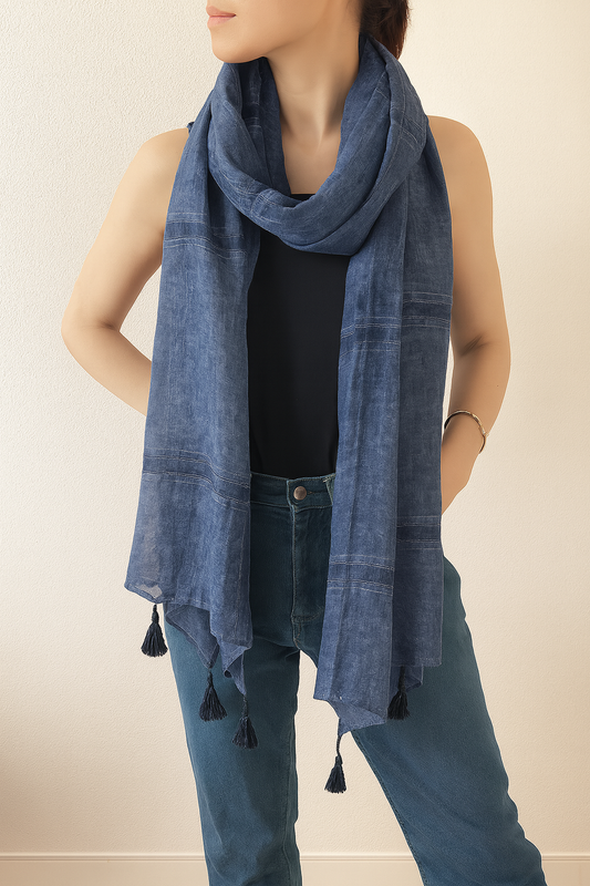Navy Blue Plaid Garment Dye Cotton Scarf with Tassels