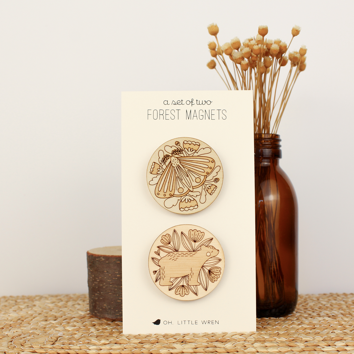 Forest friends moth and bear wooden pair of magnets