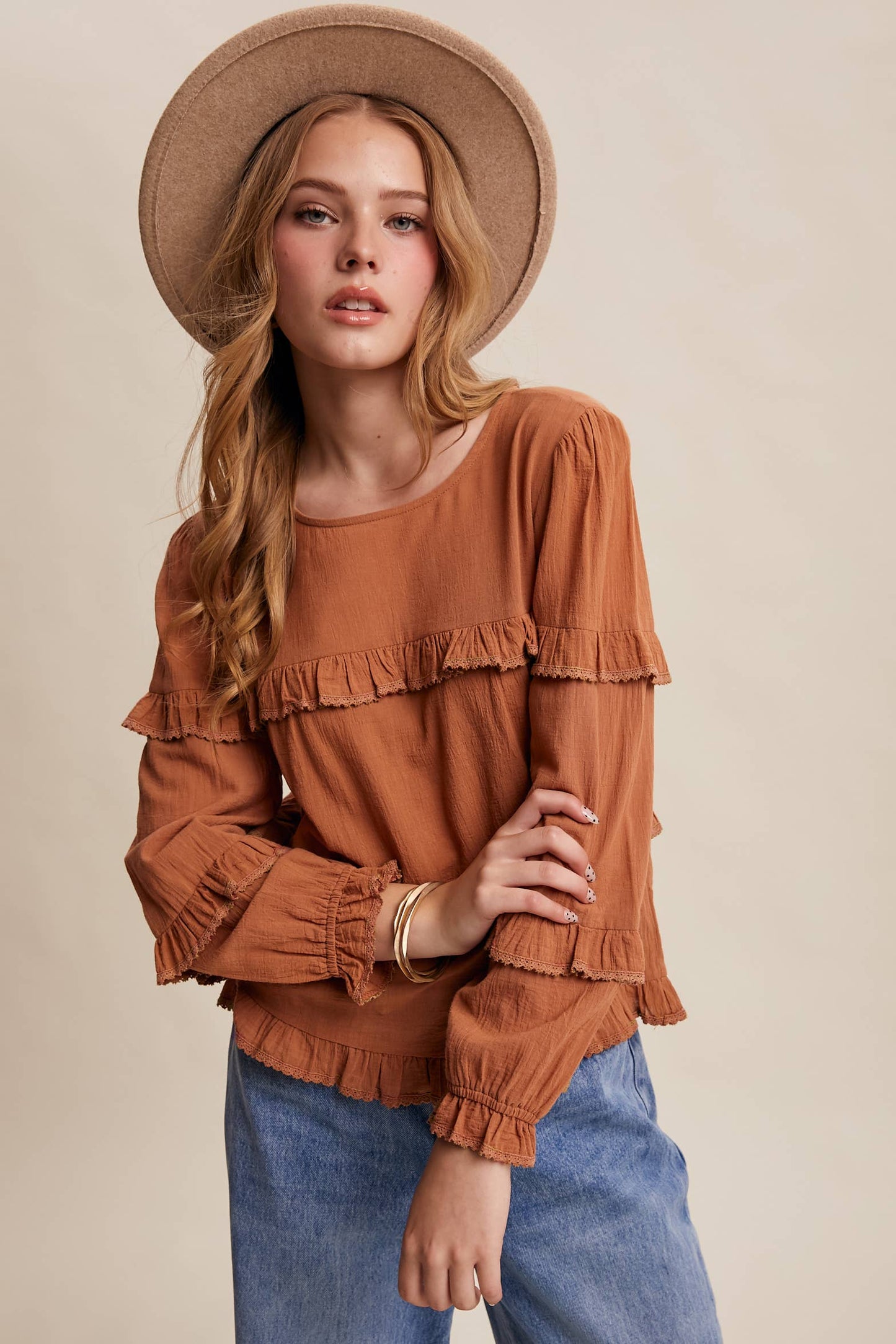 Cotton Ruffle Trim Peasant Blouse LT0605