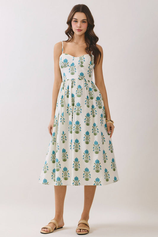 Floral Print Back Zipper Sweetheart Midi Dress