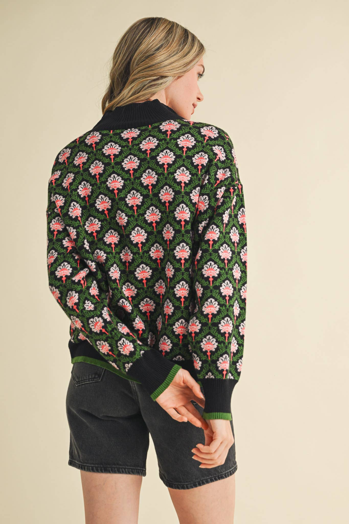 FLORAL MOCK NECK HALF ZIP PULLOVER