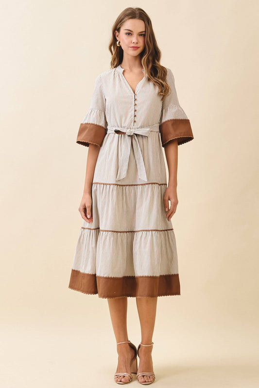 Striped Split Neck Contrast Trim Detail Midi Dress