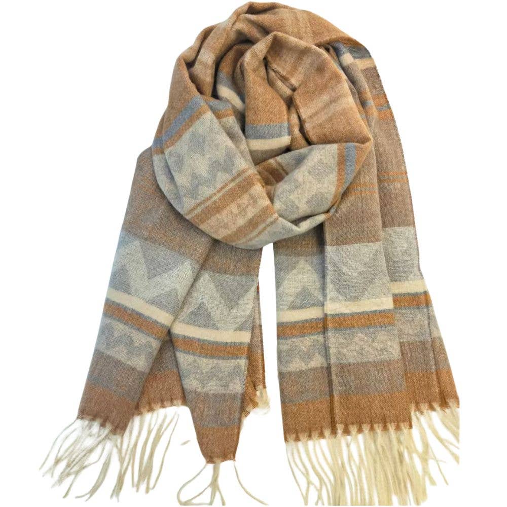 AZTEC PATTERN FRINGE EDGE KNIT OBLONG SCARF