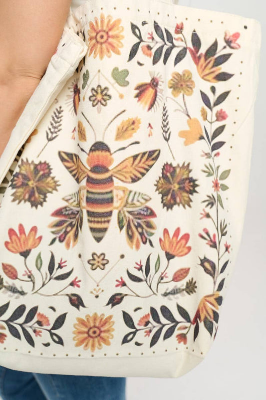 FLORAL BEE PRINT TOTE BAG