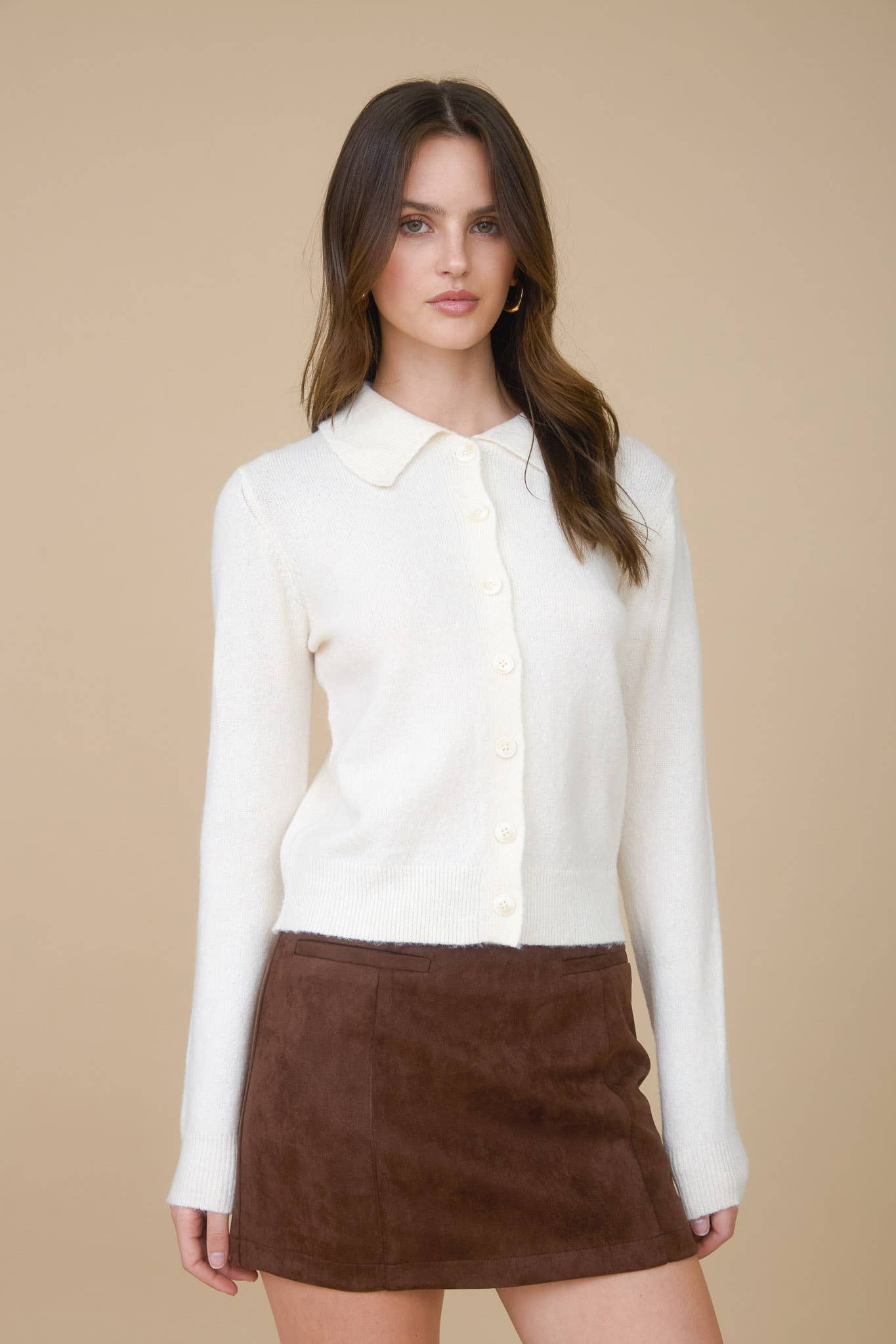 COLLARED BUTTON DOWN LONG SLEEVE KNIT CARDIGAN