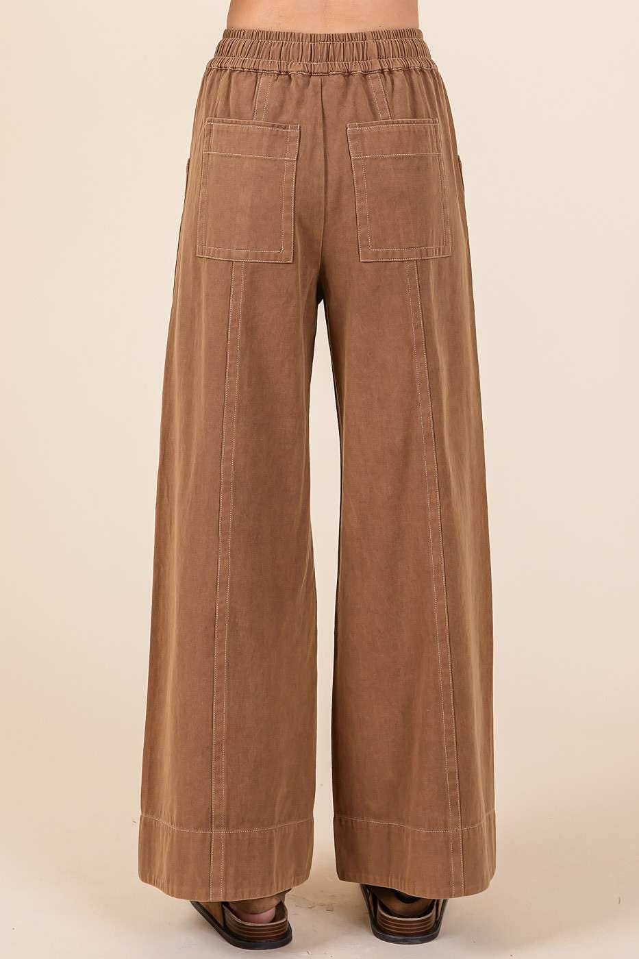 MINERAL WASH WIDE LEG ELASTIC WAIST TWILL PANTS