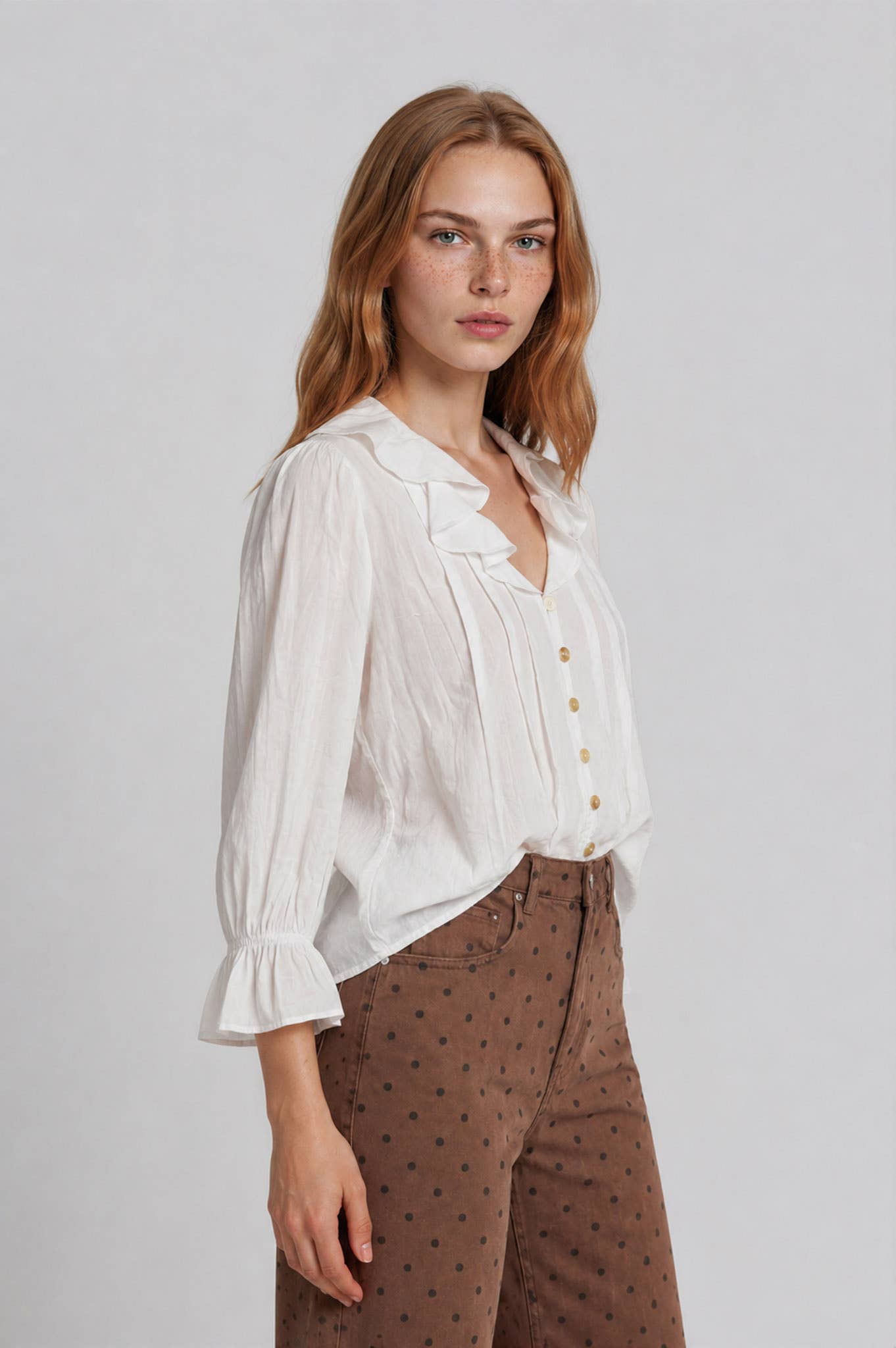 RUFFLED V NECK BUTTON DOWN 3/4 SLEEVE BLOUSE