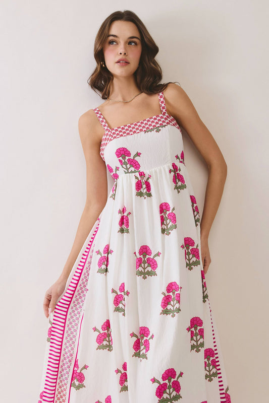Floral Print Contrast Detail Square Neck Midi Dress
