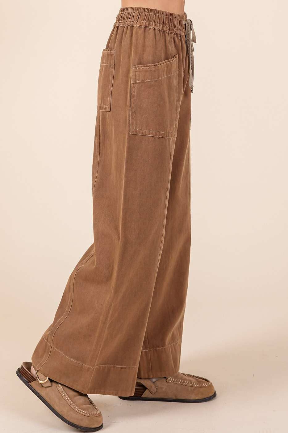 MINERAL WASH WIDE LEG ELASTIC WAIST TWILL PANTS