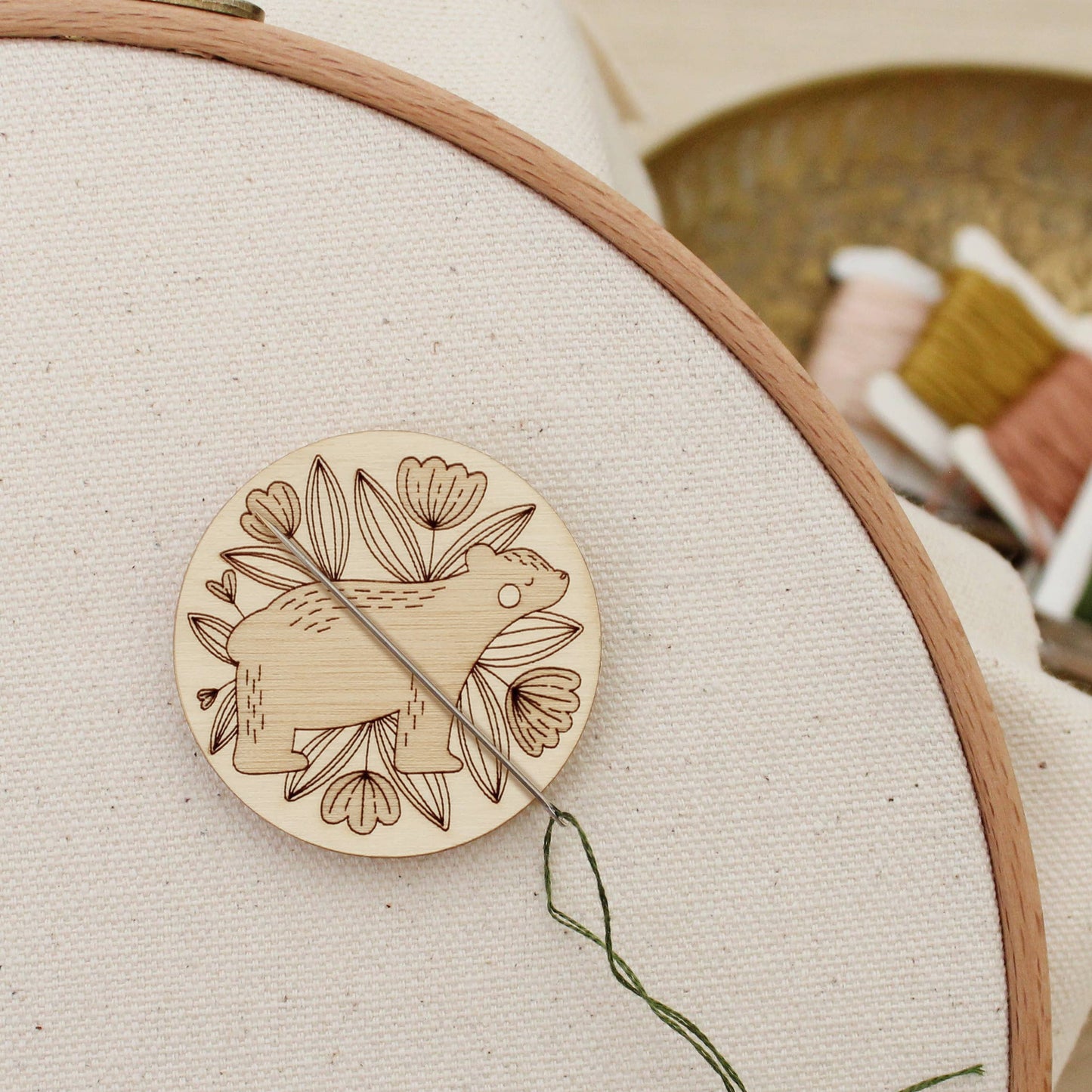 Wood Bear Needle Minder, Nature Themed Sewer's Gift