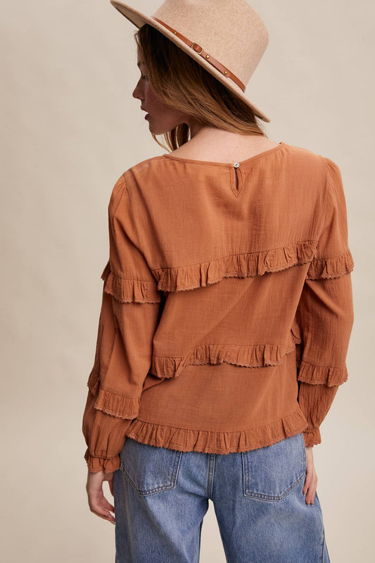 Cotton Ruffle Trim Peasant Blouse LT0605