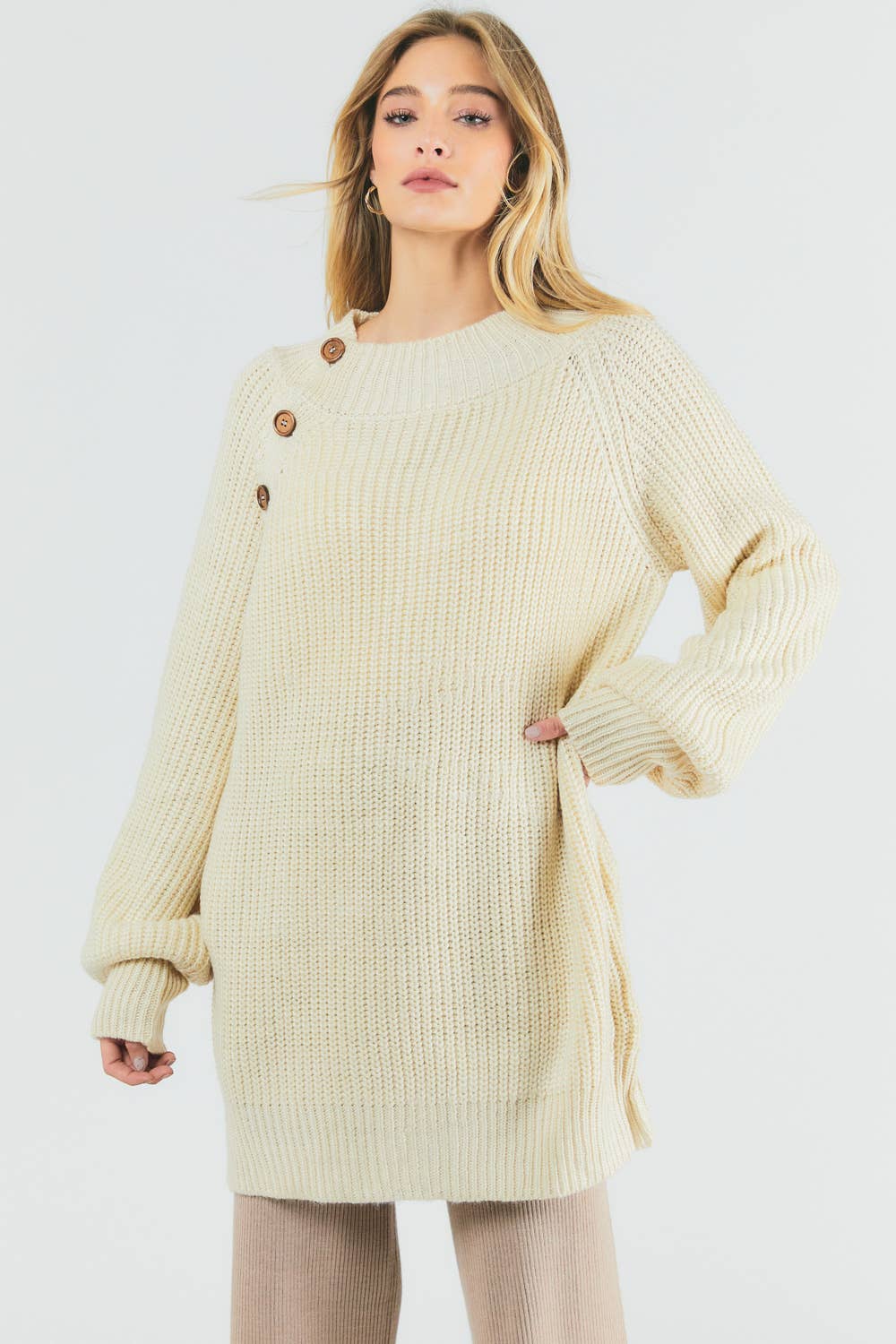 Button Detail Tunic Sweater w/Pockets