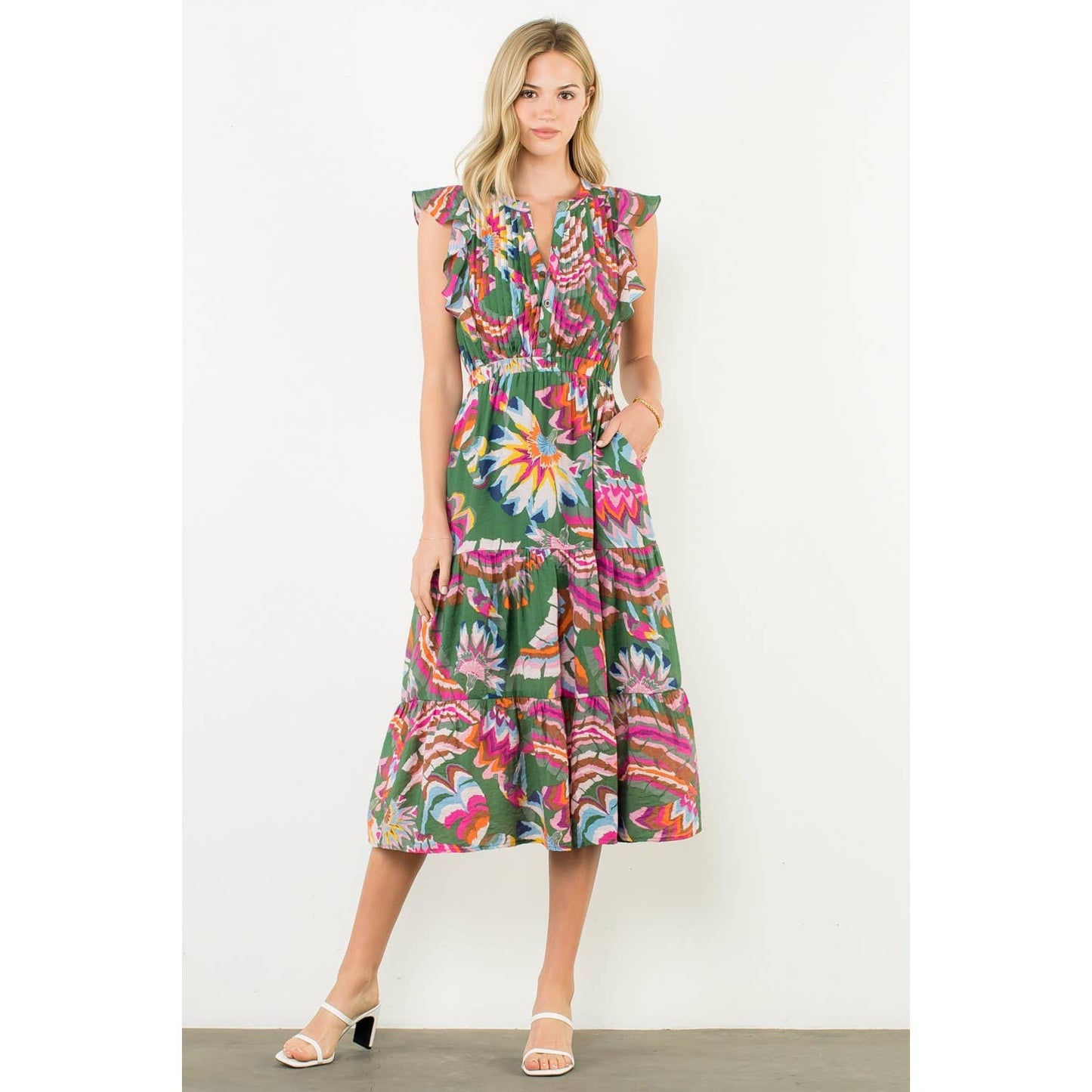 Pleated Ruffle Flutter Sleeve Midi Dress