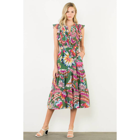 Pleated Ruffle Flutter Sleeve Midi Dress
