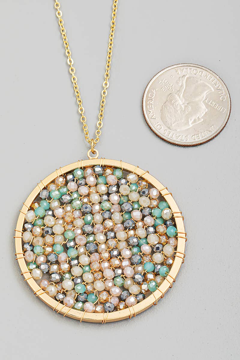 Glass Beaded Wire Disc Pendant Long Necklace