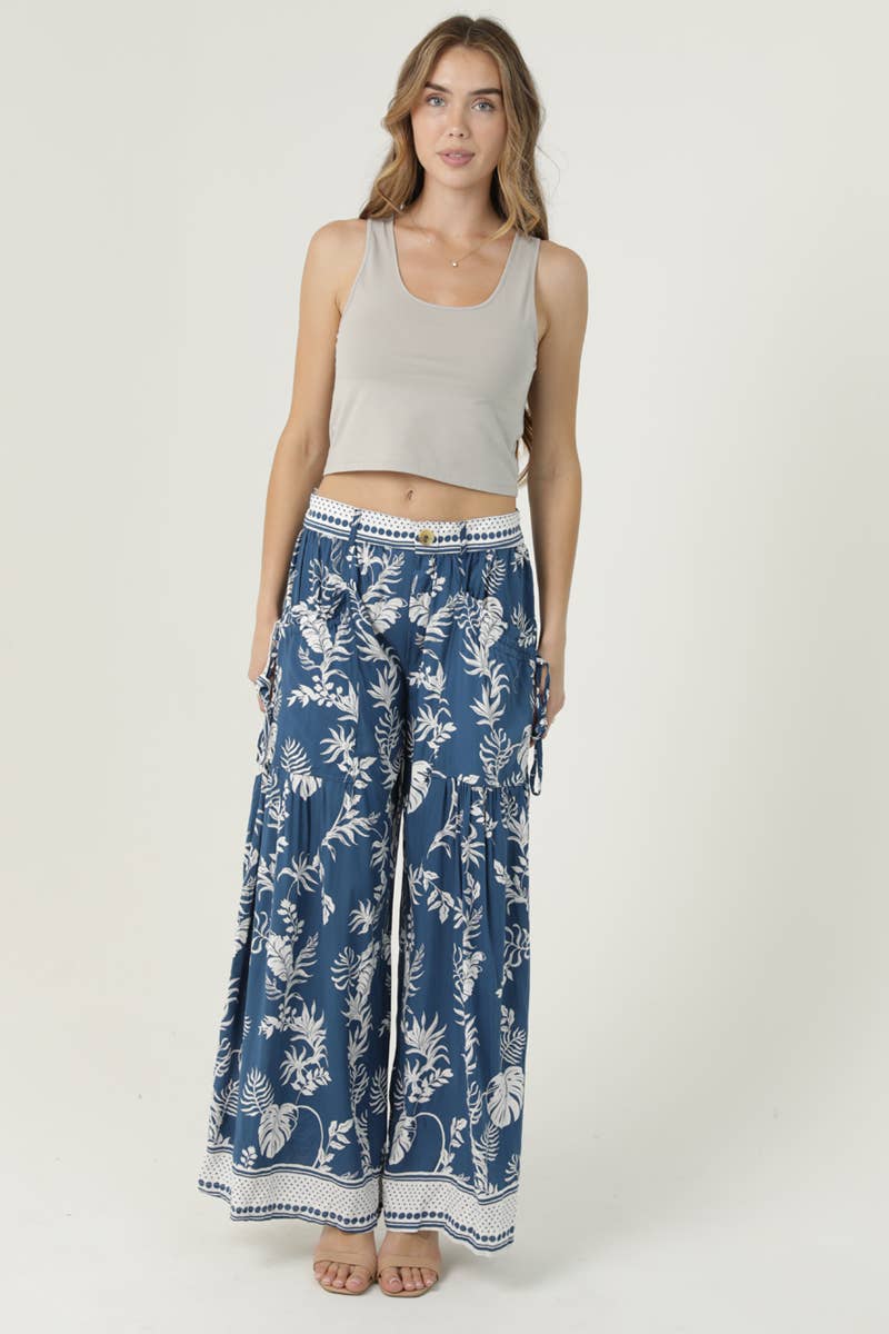 WIDE LEG PRINTED PANTS WITH BUTTON WAIST AND SIDE