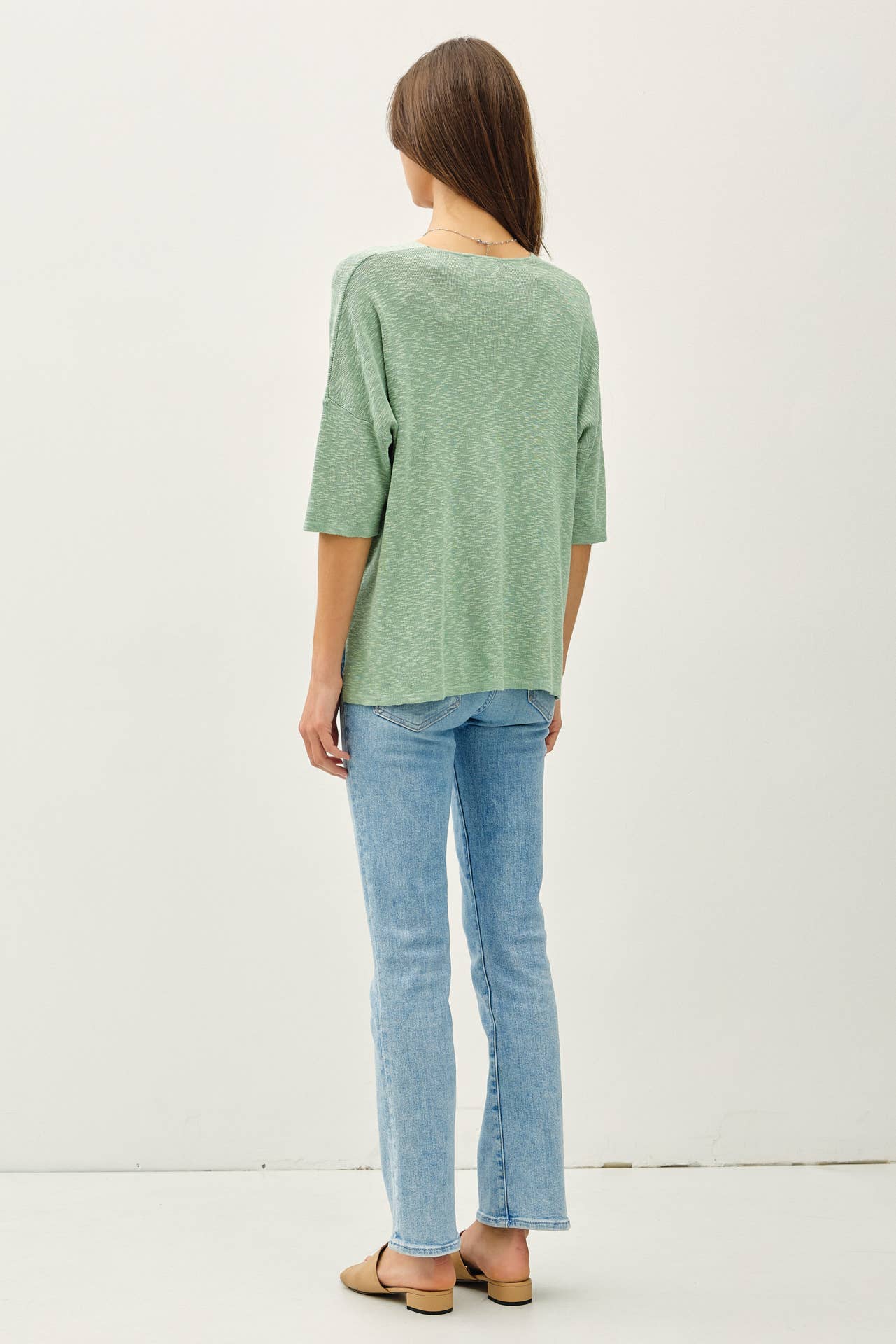 RELAXED FIT 1/2 SLEEVE COTTON SLUB SWEATER