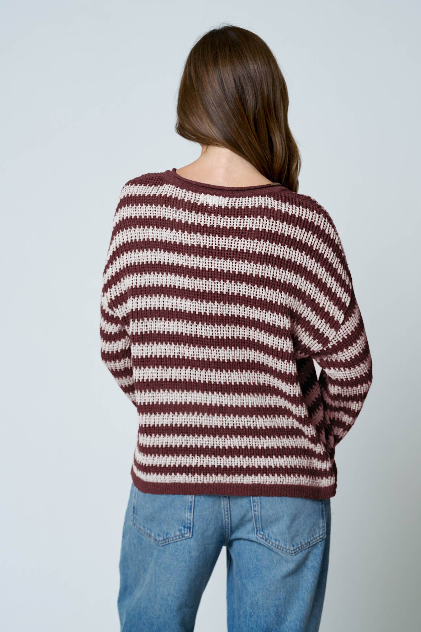 STRIPE RAW EDGE SPLIT NECK SHEER KNIT SWEATER
