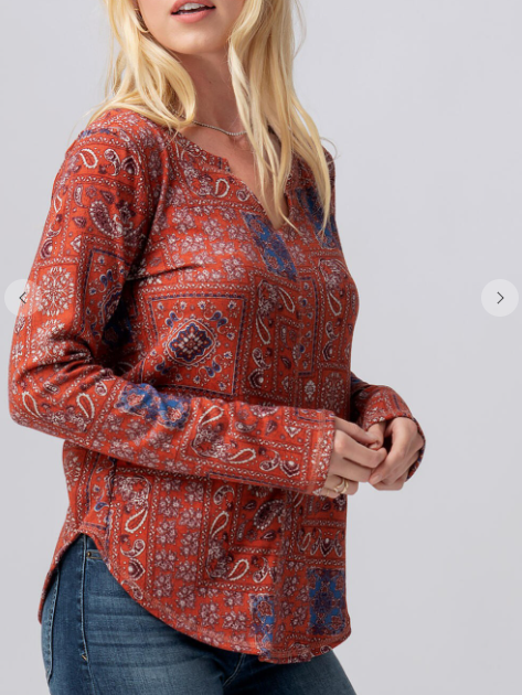 PAISLEY PRINT V NECK LONG SLEEVE KNIT TOP