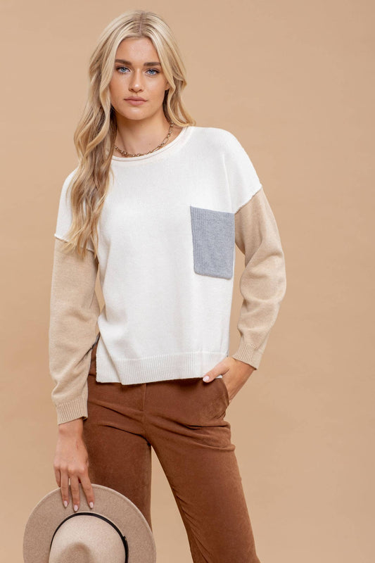 Color Block Knit Patch Pocket Sweater