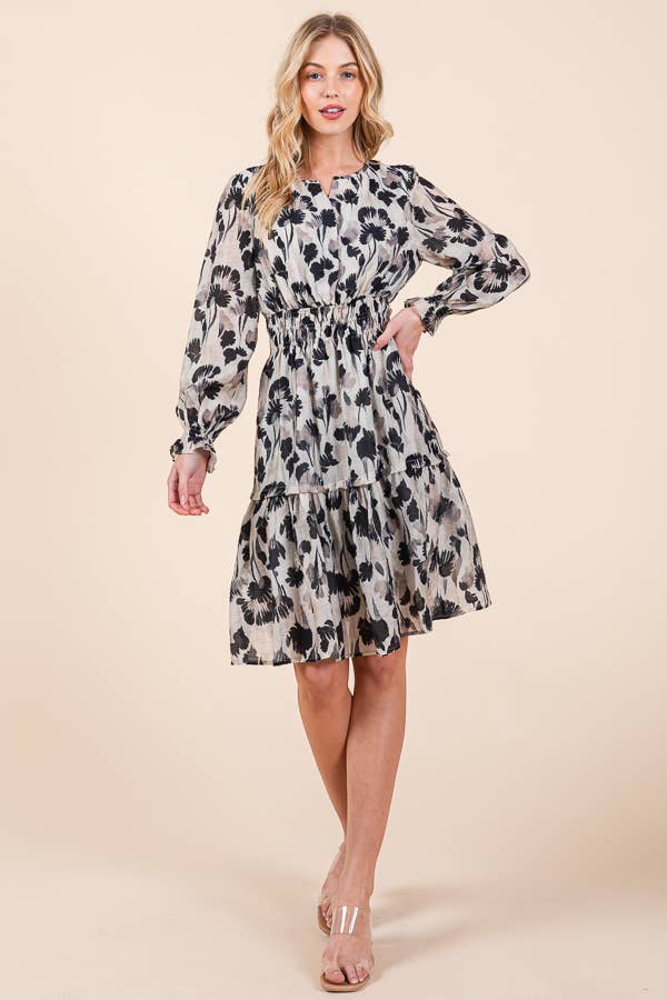 Floral Print Long Sleeve Cinched Waist Tiered Dress