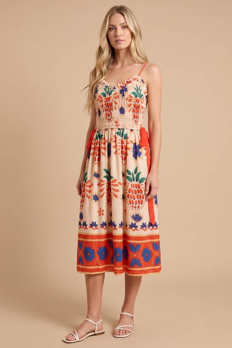 Tropicana Smocked Midi Spaghetti Strap Dress