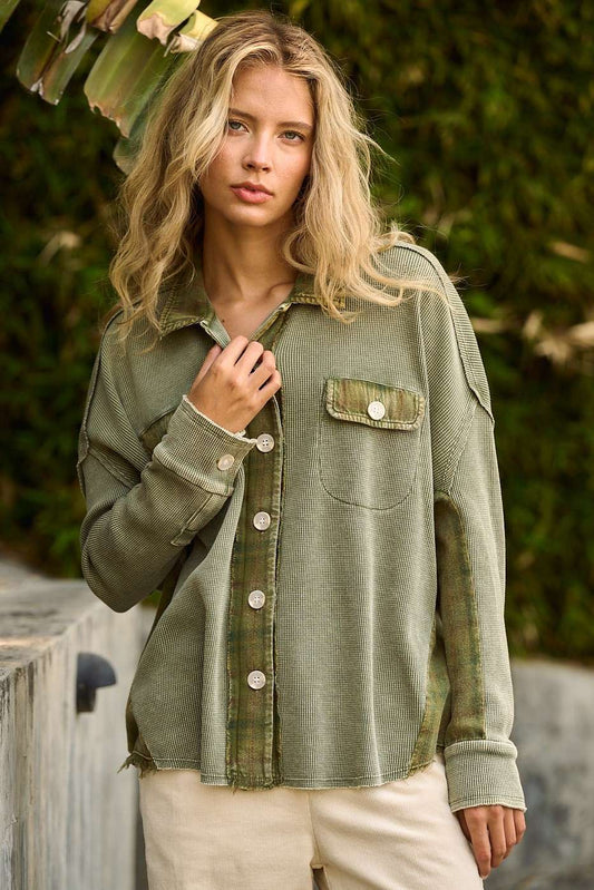 MINERAL WASH PLAID CONTRAST WAFFLE KNIT SHACKET