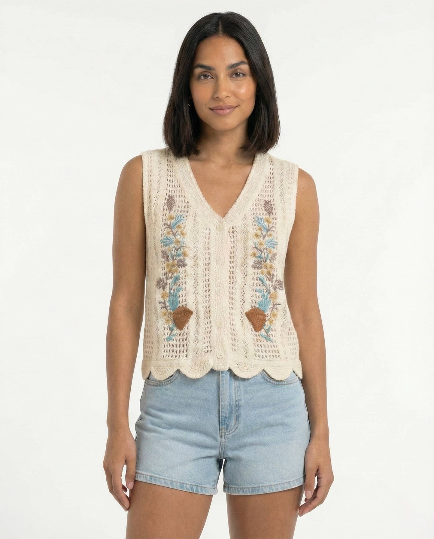 Women’s Floral Embroidered Crochet Knit Vest