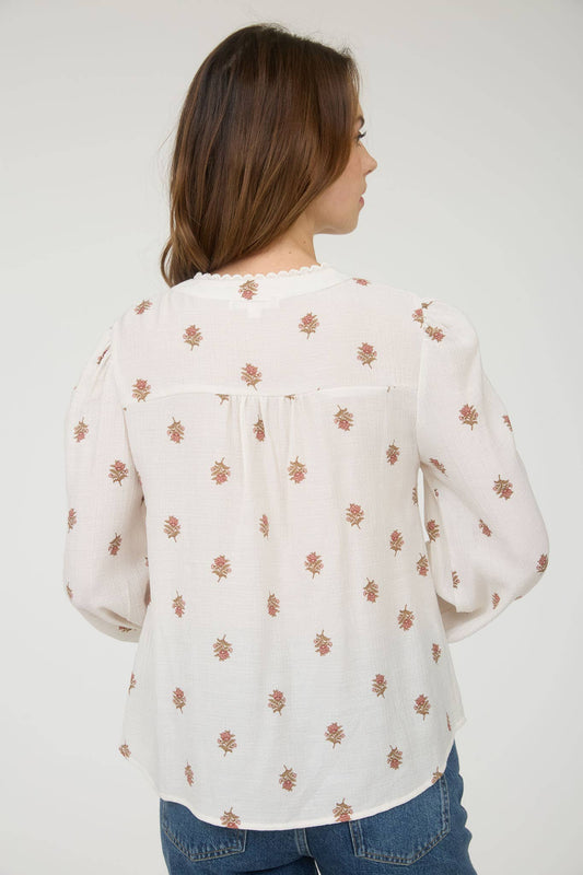 FLORAL SCALLOP TRIM LONG SLEEVE HALF BUTTON TOP
