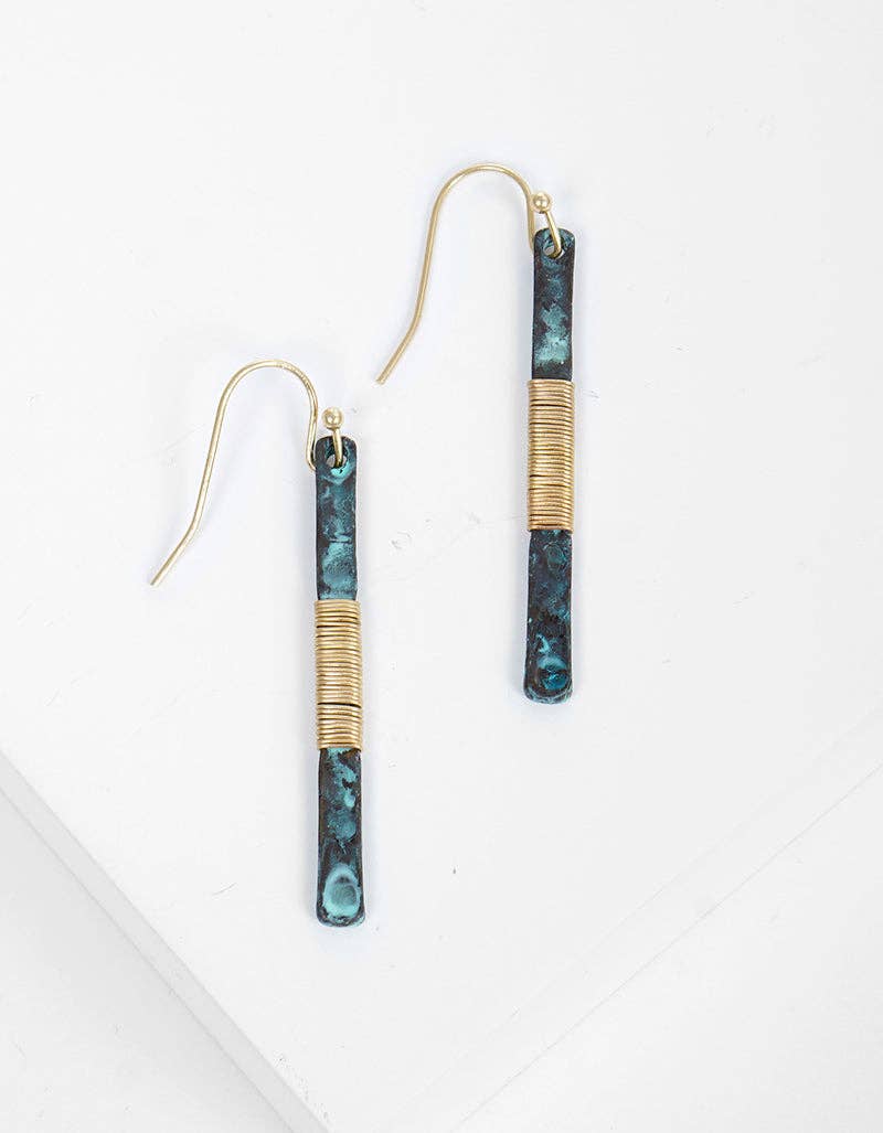 Two-tone Wire Wrapped Hammered Vertical Bar Dangle Drop Earrings
