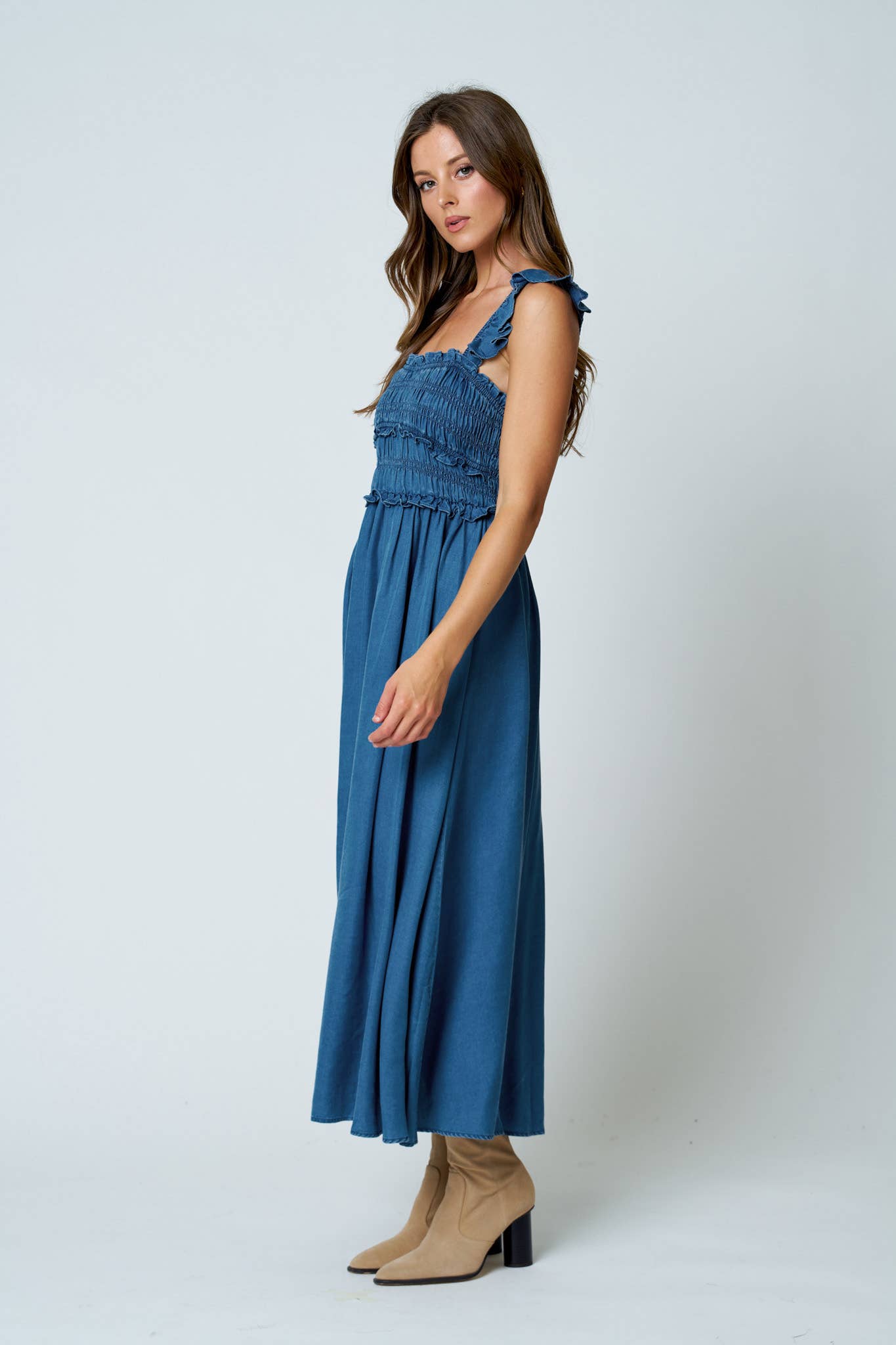 SMOCKED RUFFLE STRAP DENIM MIDI DRESS