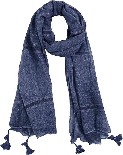 Navy Blue Plaid Garment Dye Cotton Scarf with Tassels