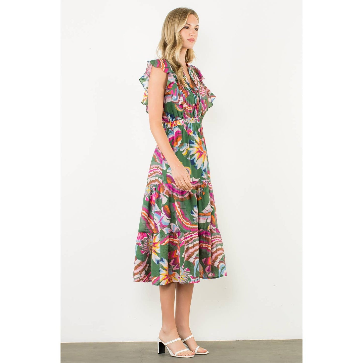 Pleated Ruffle Flutter Sleeve Midi Dress