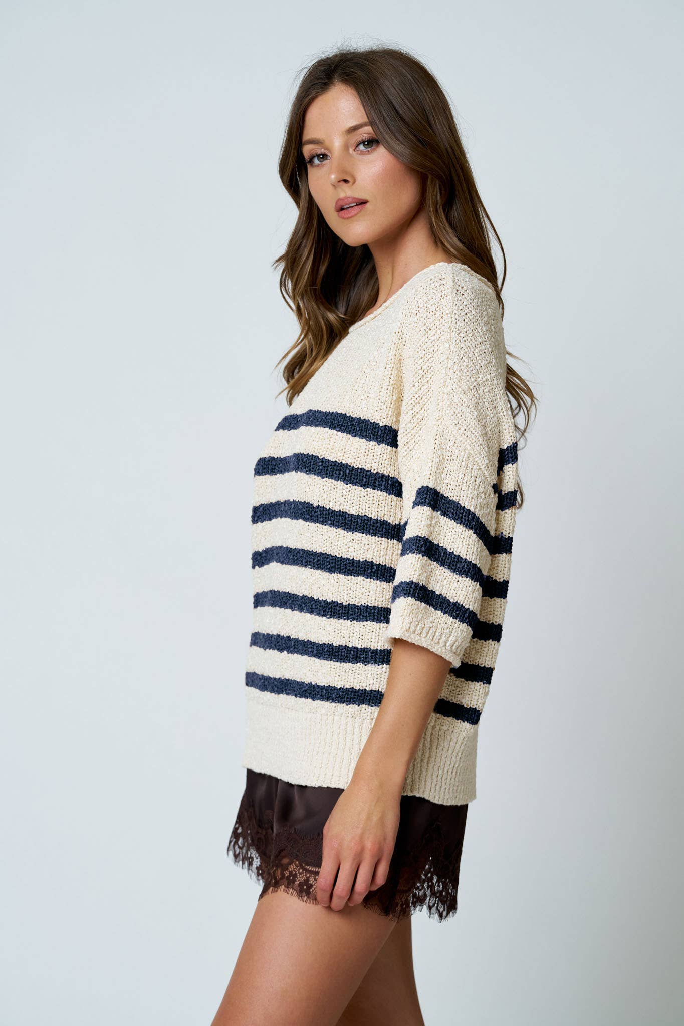 STRIPE TEXTURED KNIT HALF SLEEVE KNIT SWEATER (PRE-ORDER)