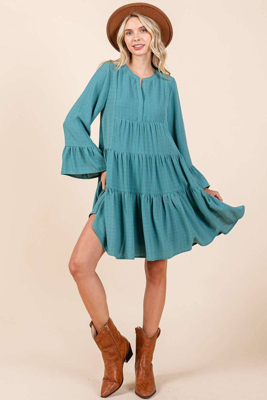 TEXTURED LONG BELL SLEEVE TIERED MINI DRESS