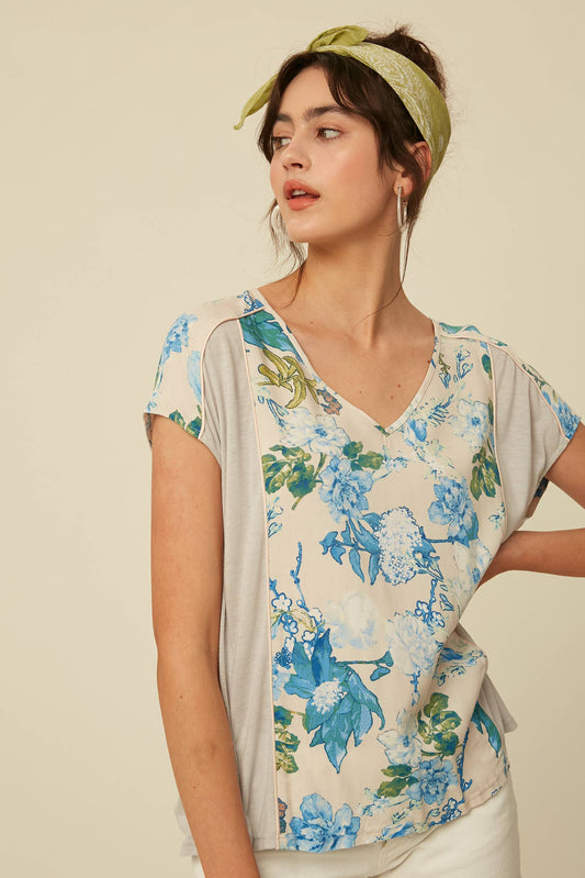 Floral Mixed Fabric V-Neck Blouse