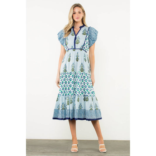Striped Flutter Sleeve Floral Maxi Dress
