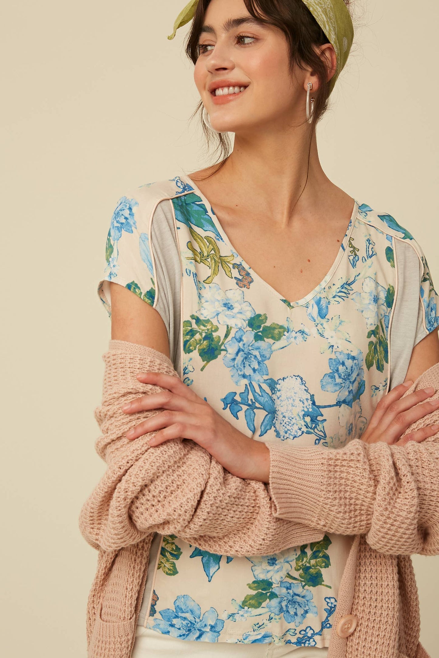 Floral Mixed Fabric V-Neck Blouse