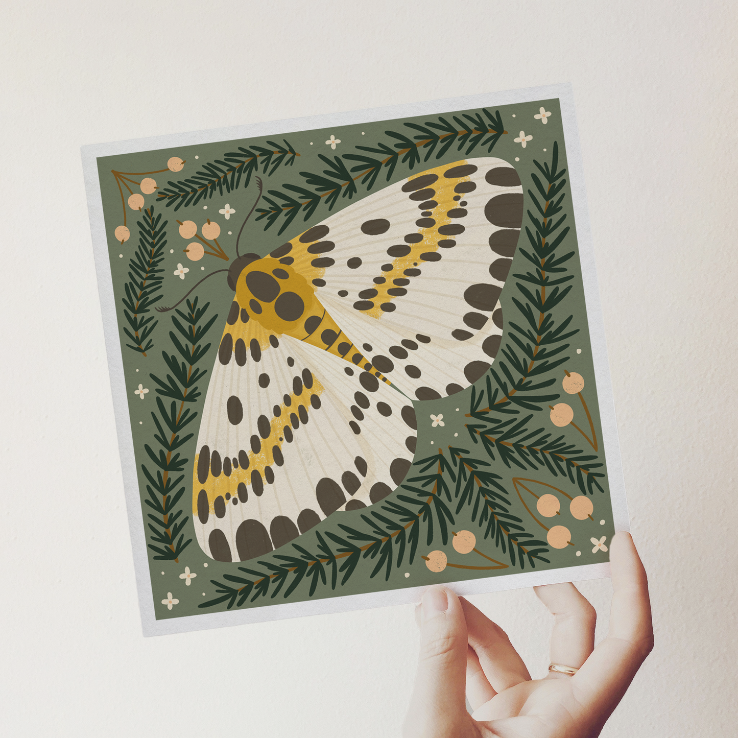 Magpie moth with evergreens art print