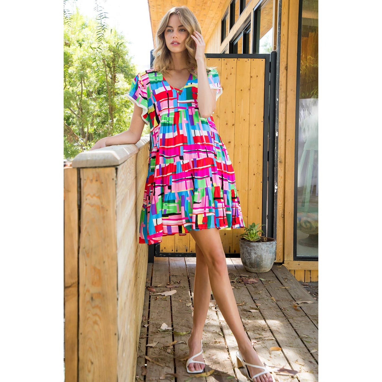 Multi Color Pattern Flutter Sleeve Dress
